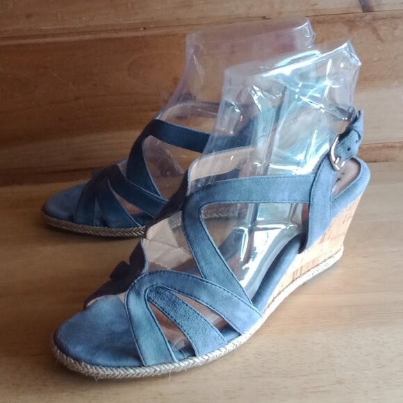 Sofft Cork Wedge Sandals Women's 9.5M Gray Leather Adjustable Ankle Strap - Picture 1 of 9